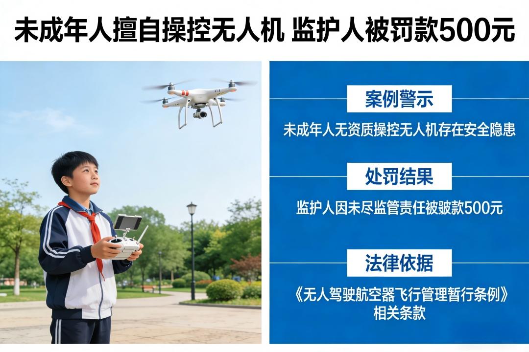 未成年人擅自操控无人机飞行，监护人被罚款500元